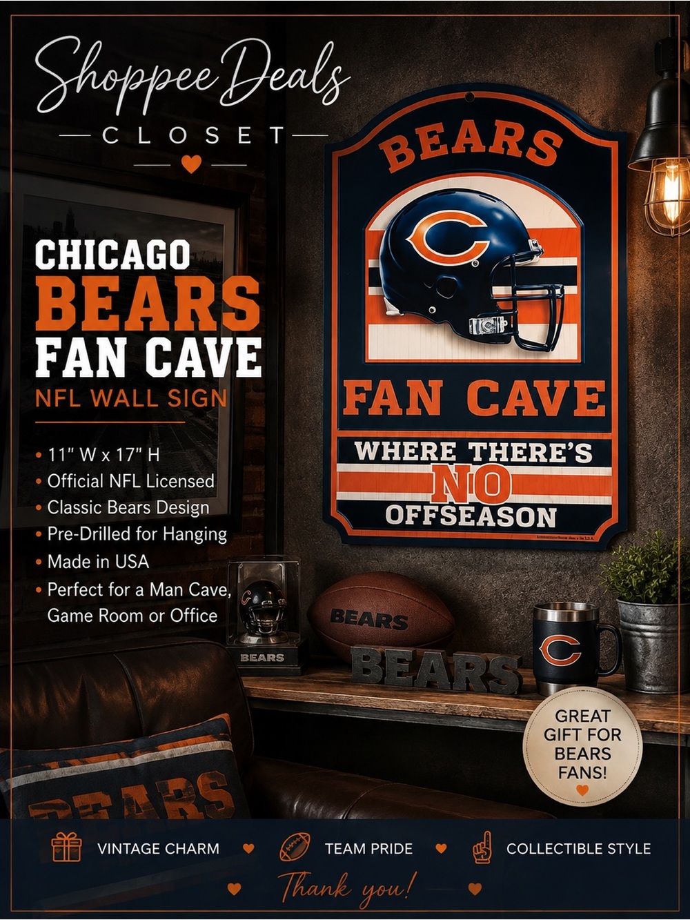 Chicago Bears Fan Cave NFL Football Wall Wood Sign 11” x 17”